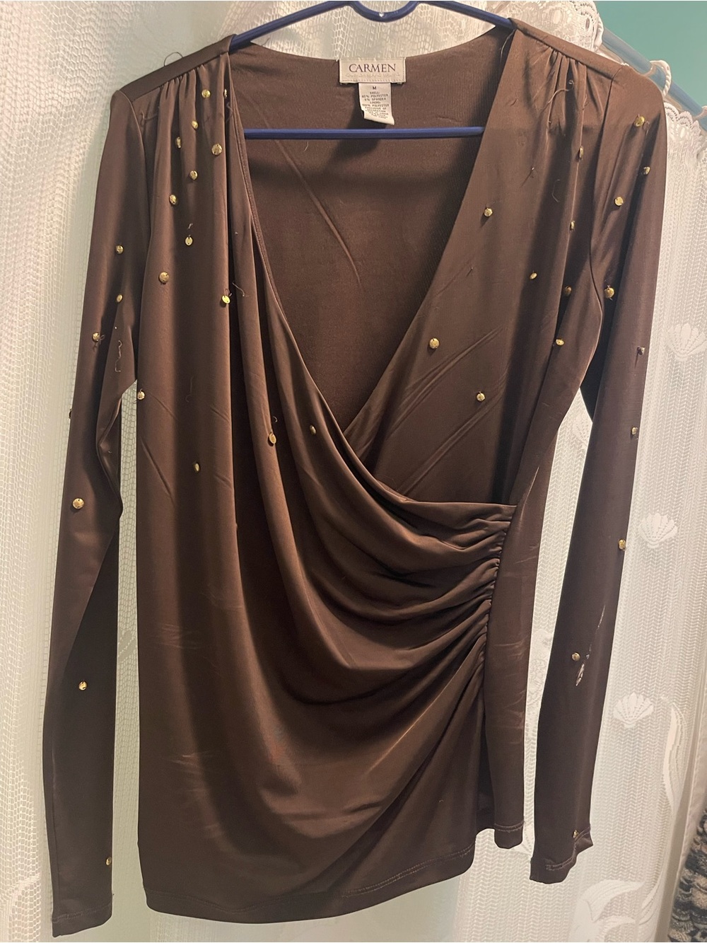Carmen Brown Draped Long-Sleeve Top with Gold Studs